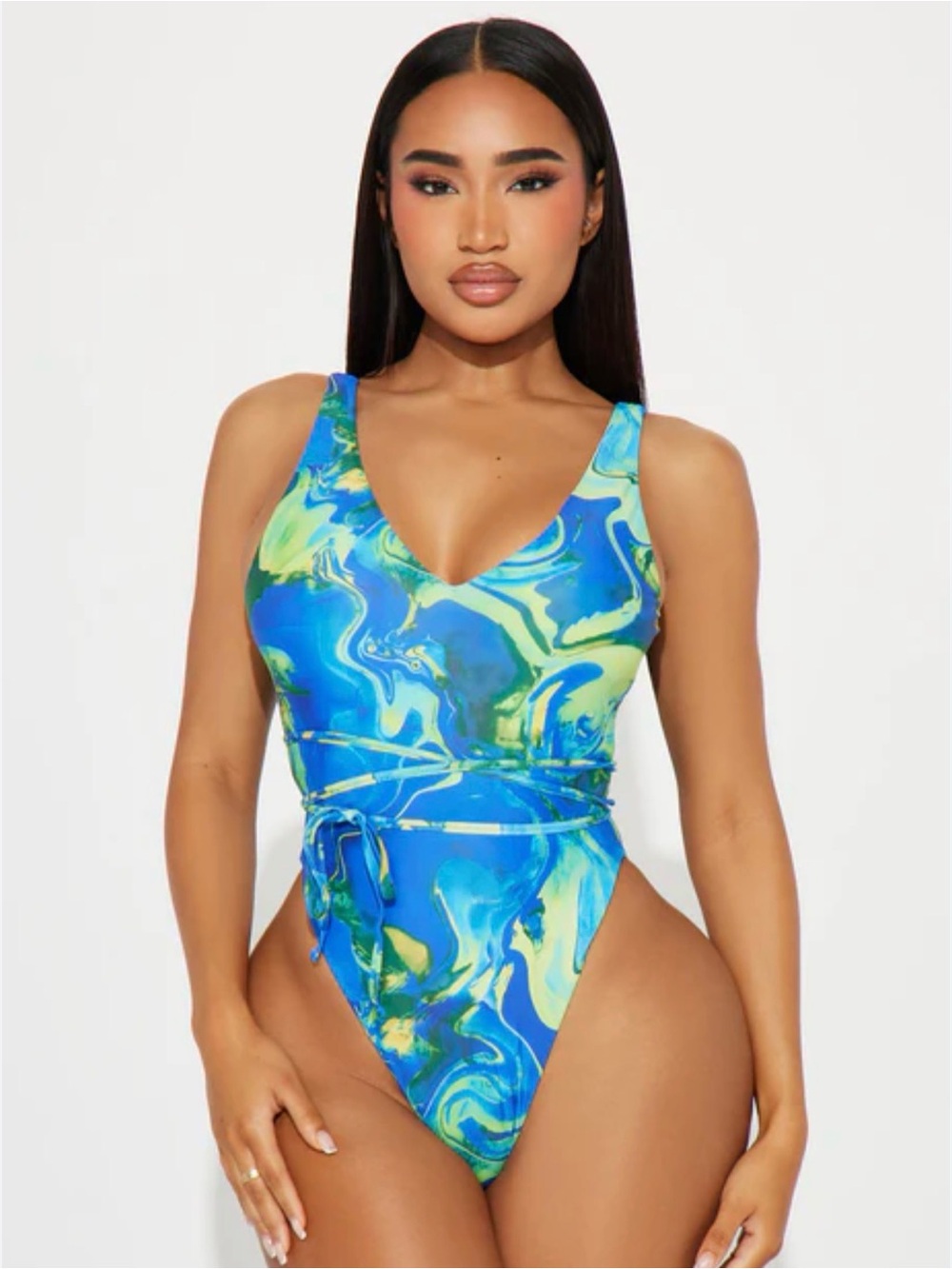 Fashion Nova Blue & Green Marble One-Piece Swimsuit